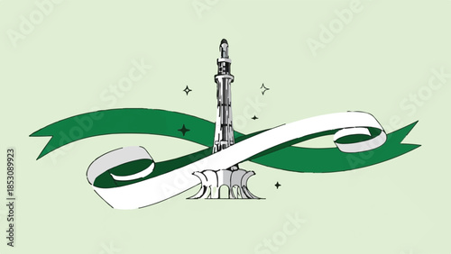Vintage Detailed Illustration of a Candlestick Monument Wrapped in Flowing Green and White Scroll Banner