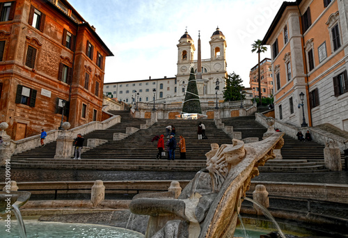 The Spanish steps in Rome Italy adorned with Christmas decorations.