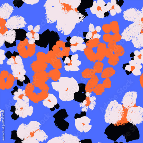 Seamless abstract floral pattern with textured painterly shapes, modern color palette, trendy design. Vector indigo background