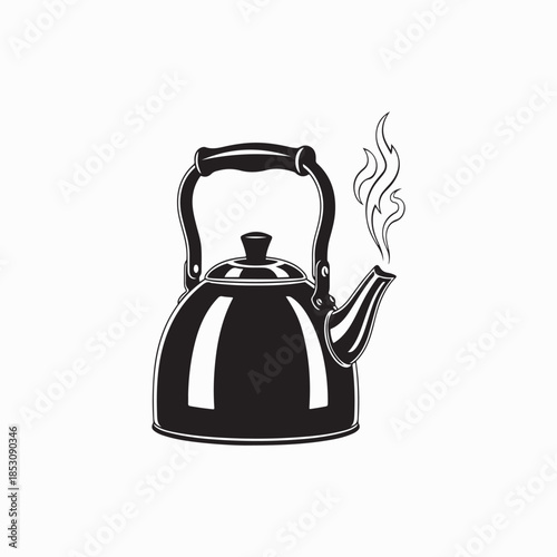  Steaming classic kettle icon for breakfast or tea time branding.