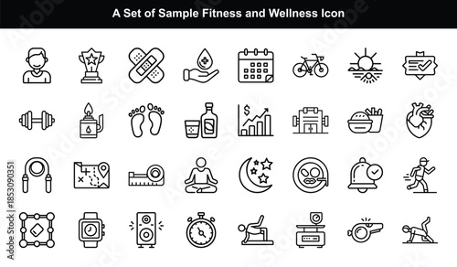 Fitness and wellness icons set health exercise