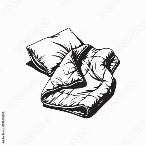  Cozy messy bed with pillows and blankets for relaxing home concept.