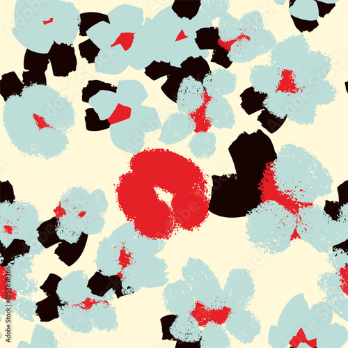 Seamless abstract floral pattern with textured painterly shapes, modern color palette, trendy design. Vector milky background