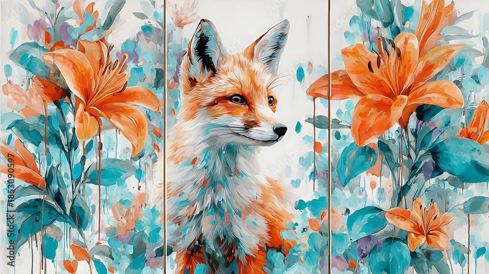 Fototapeta premium Orange fox surrounded by vibrant flowers and leaves on white background blue teal