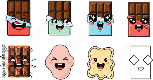 Cartoon chocolate bars and cute characters with expressive faces, colorful wrappers, playful vector for kids, sweets, fun, and design themes