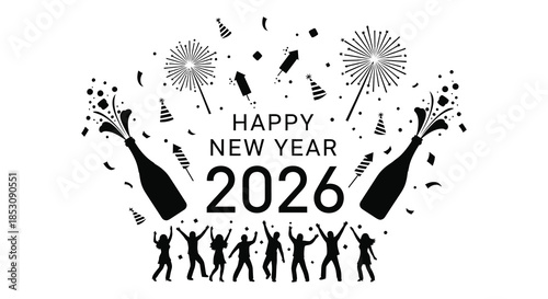 Celebratory new year design with fireworks champagne and dancing people silhouette