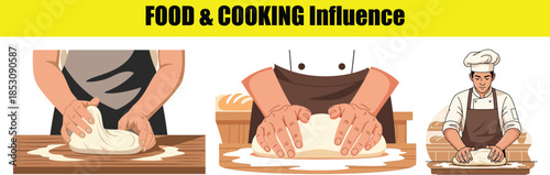 Close-up hands kneading dough for baking bread Keywords: hands, kneading, dough, baking, bread