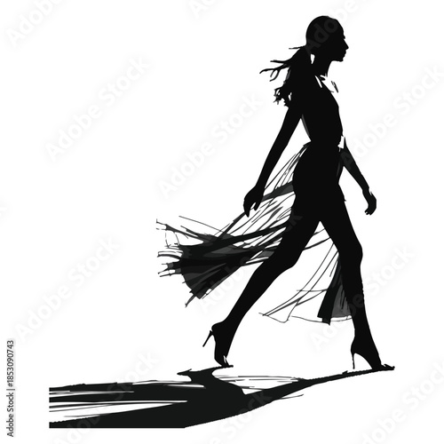 Silhouette of elegant fashion model walking confidently in high heels showing dynamic movement and flowing garment fabric