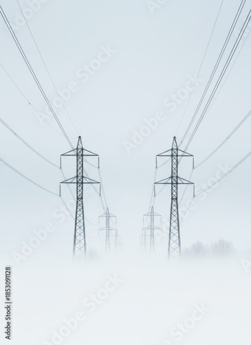Pair of towering electricity pylons stand stoically amidst a dense fog creating a surreal and atmospheric landscape with faint trees visible in the background under a pale sky
