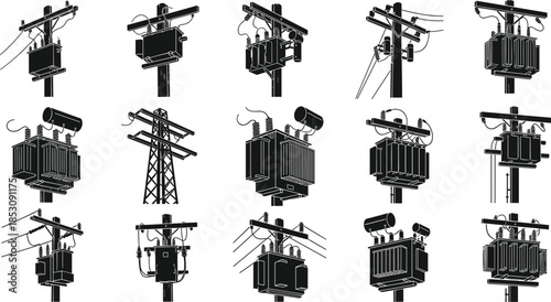 Vector silhouette set of electrical transformers mounted on utility poles and towers for power distribution, infrastructure design, and energy systems.
