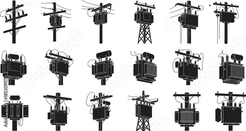 Vector silhouette set of electrical transformers on utility poles and towers for power distribution, infrastructure layout, and energy system design.