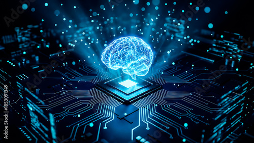 A dark background on human brain convert to artificial intelligence technology.