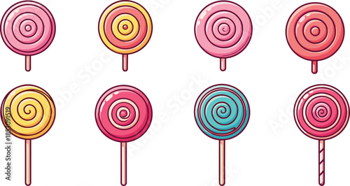 Colorful cartoon lollipops with swirl patterns, playful candy illustration for kids, sweets theme, vibrant vector design for decoration and education
