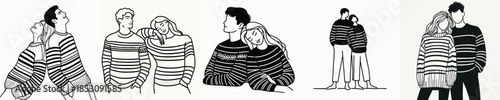 vector line art of a couple leaning on each other