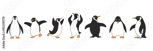 Adorable penguin cartoon collection with happy characters in various poses, ideal for kids’ books, animations, greeting cards, and fun arctic-themed design projects.
