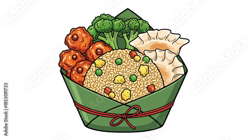 Asian Inspired Meal Container with Rice Appetizers and Vegetables