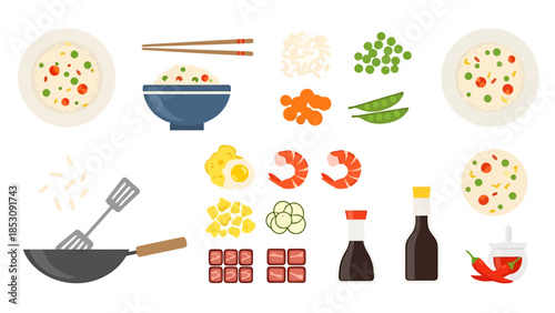 Asian Cuisine Ingredients and Cooking Utensils Flat Design Elements