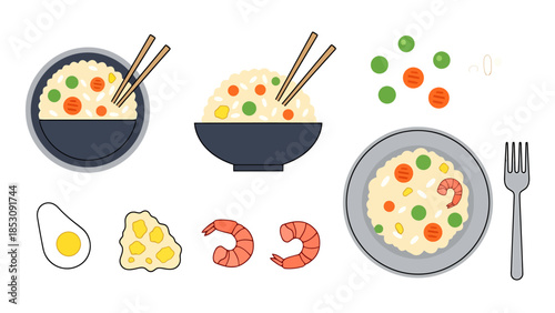 Flat Design Culinary Elements Rice Seafood Vegetables and Egg