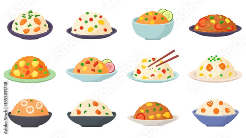 Collection of Diverse Rice Dishes Presented in Bowls and Plates