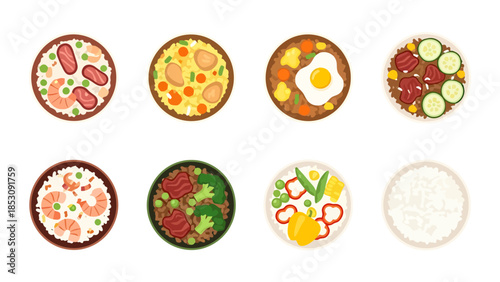 Top View Assortment of Round Dishes with Varied Food Combinations