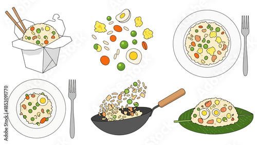 Asian Takeout Rice Dish with Vegetables Egg and Chopsticks