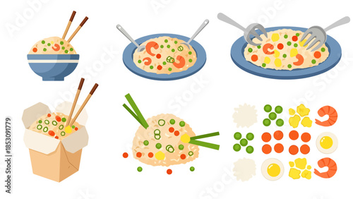 Assorted Cooked Rice Dishes and Ingredients Presentation
