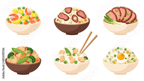 Diverse Asian Rice Dishes in Bowls