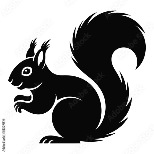 Stylized silhouette of cute squirrel holding food with fluffy curled tail in side profile against white background