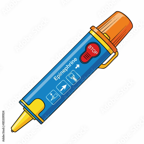 Epinephrine auto-injector, emergency device with instructions for severe allergic reactions. Blue and orange epinephrine auto-injector gives fast relief. Epinephrine auto-injector concept,