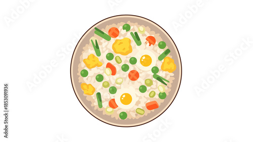 Overhead View of a Bowl of Rice with Fried Eggs Peas and Vegetables