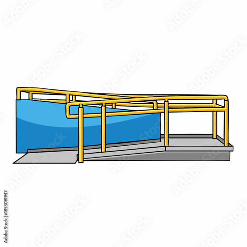 Simplified graphic of wheelchair ramp, yellow handrails, blue panel. Design includes gentle incline, sturdy structure, creating a functional wheelchair ramp. Represents inclusivity,