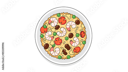 Flat Illustration of Seafood Rice Dish with Shrimp Peas and Olives on White Plate