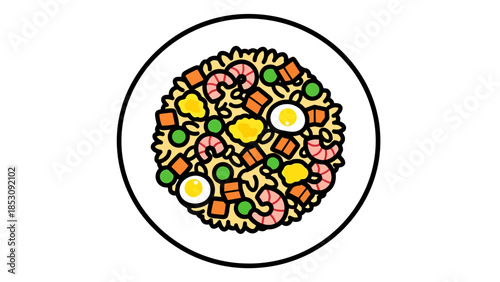 Whimsical Cartoon Style Fried Rice Dish with Shrimp Peas Egg and Carrots on a Plate
