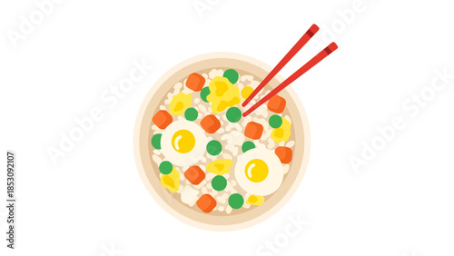 Flat Lay Overhead View of Fried Rice with Fried Eggs and Chopsticks