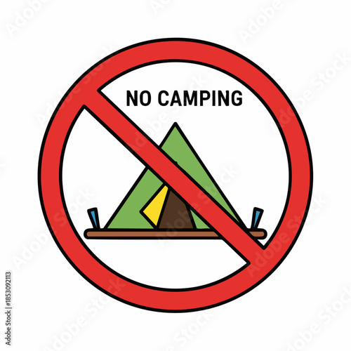 No Camping sign, a clearly visible prohibition symbol featuring a green tent crossed out within a red circle. This essential No Camping sign indicates restricted outdoor areas for leisure activity,