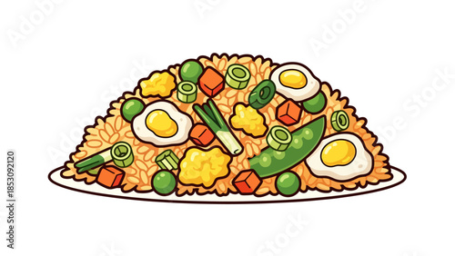 Savory Stir Fried Rice Dish with Vegetables and Egg Cartoon Style