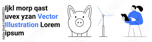 Financial planning, renewable energy, sustainable living, economic growth, green technology, business solutions. A piggy bank, wind turbine and a person holding a tablet. Financial planning