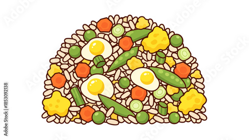 Whimsical Cartoon Rice Dish with Fried Eggs and Vegetables