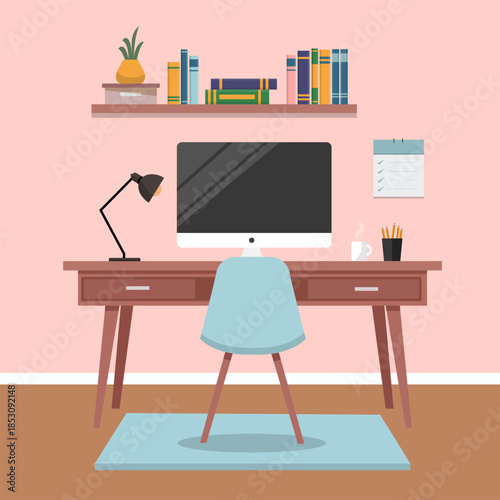 Modern office desk in flat style. Workspace background. Vector stock