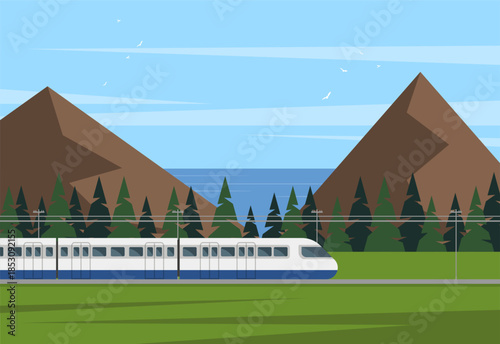 Train travel landscape concept. Summer landscape with train. Vector stock