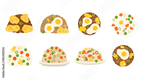 Assorted Rice Dishes Collection Breakfast Meals and Side Dishes Culinary Variety