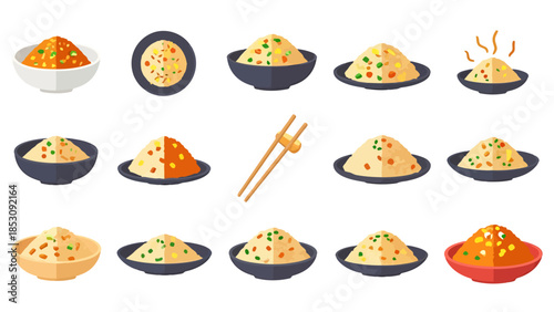 Assortment of Fried Rice Dishes in Bowls and Plates with Chopsticks