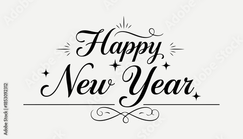 Elegant calligraphic design elements in a vector style showing a happy New Year greeting with love symbols and decorative lettering for a celebration card or banner