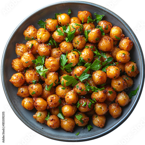 Roasted potatoes with herbs on a plate top view