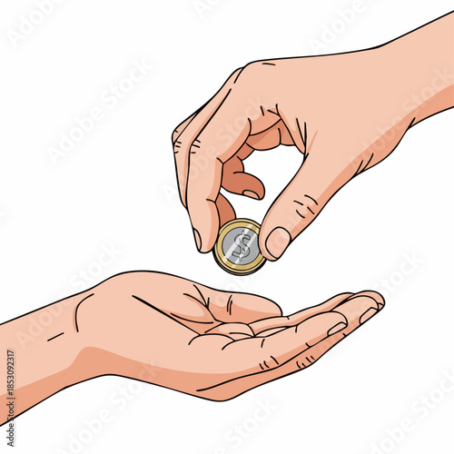 Illustration shows hand giving money, one person's hand places a metallic coin into another outstretched palm. This exchange depicts giving money, representing charity, donation, or financial support.