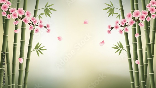 Bamboo forest with pink cherry blossoms on green stalks and leaves on light background with falling petals
