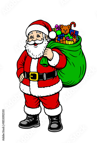 Colorful Santa Claus cartoon vector illustration wearing a red suit and carrying a green gift sack full of toys. Cheerful Christmas character suitable for holiday designs, kids illustrations, greeting