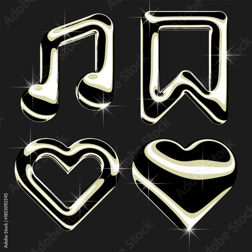 Set of Music app, media player icons in Gold, Chrome 3d illustration.