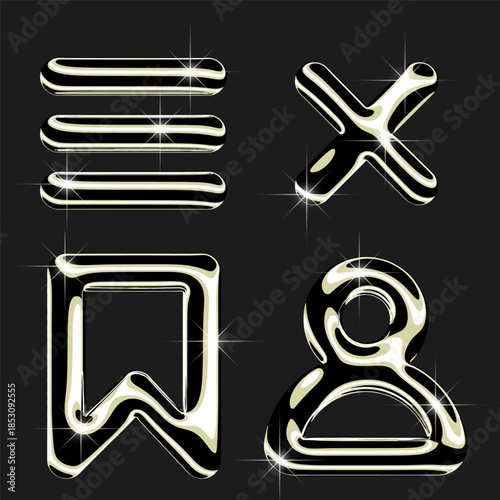 Set of Music app, media player icons in Gold, Chrome 3d illustration.