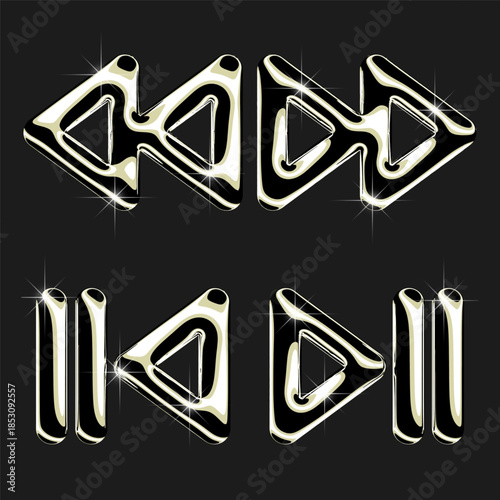 Set of Music app, media player icons in Gold, Chrome 3d illustration.
